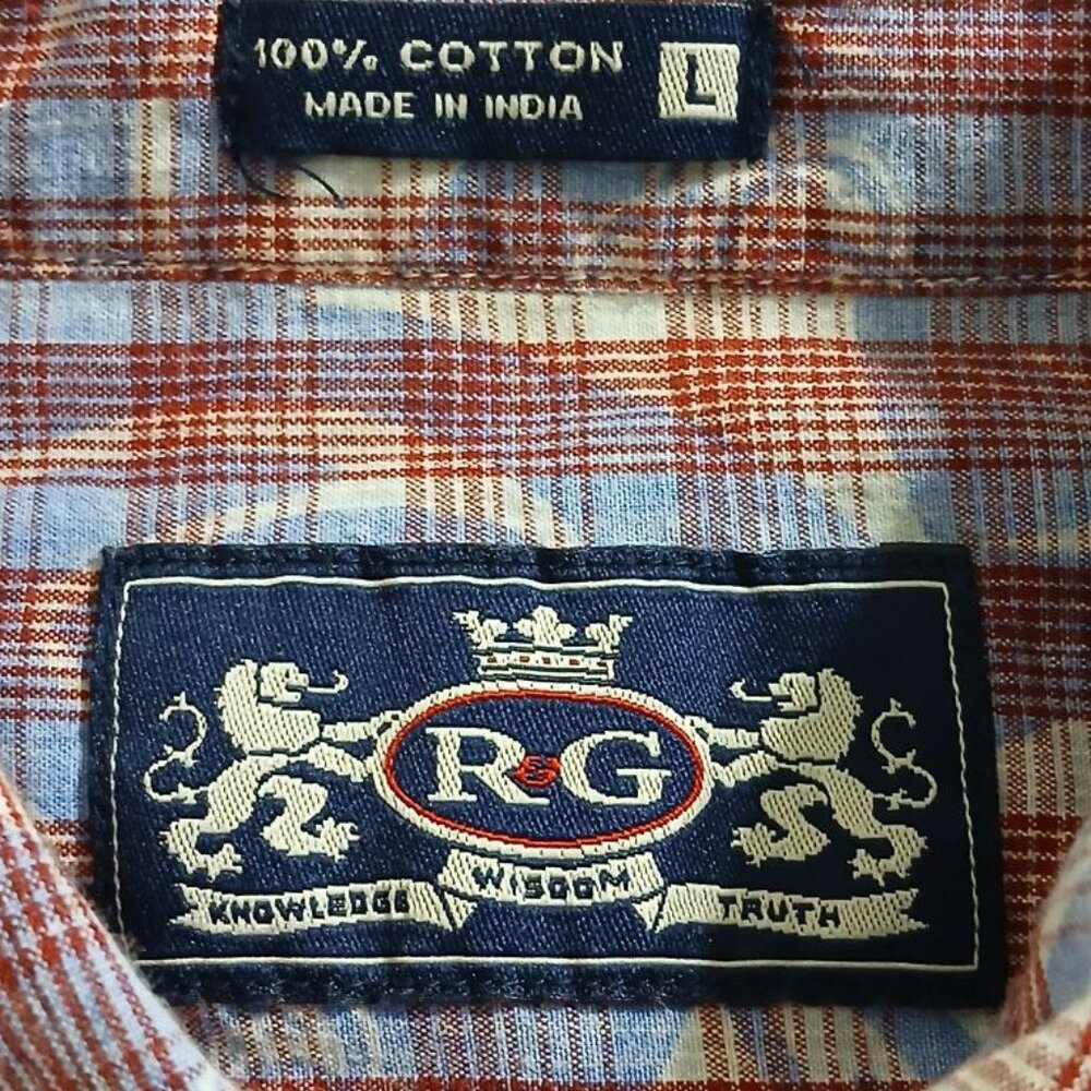 R&G Men’s Plaid Shirt L 100% Cotton Short Sleeve - Picture 4 of 11